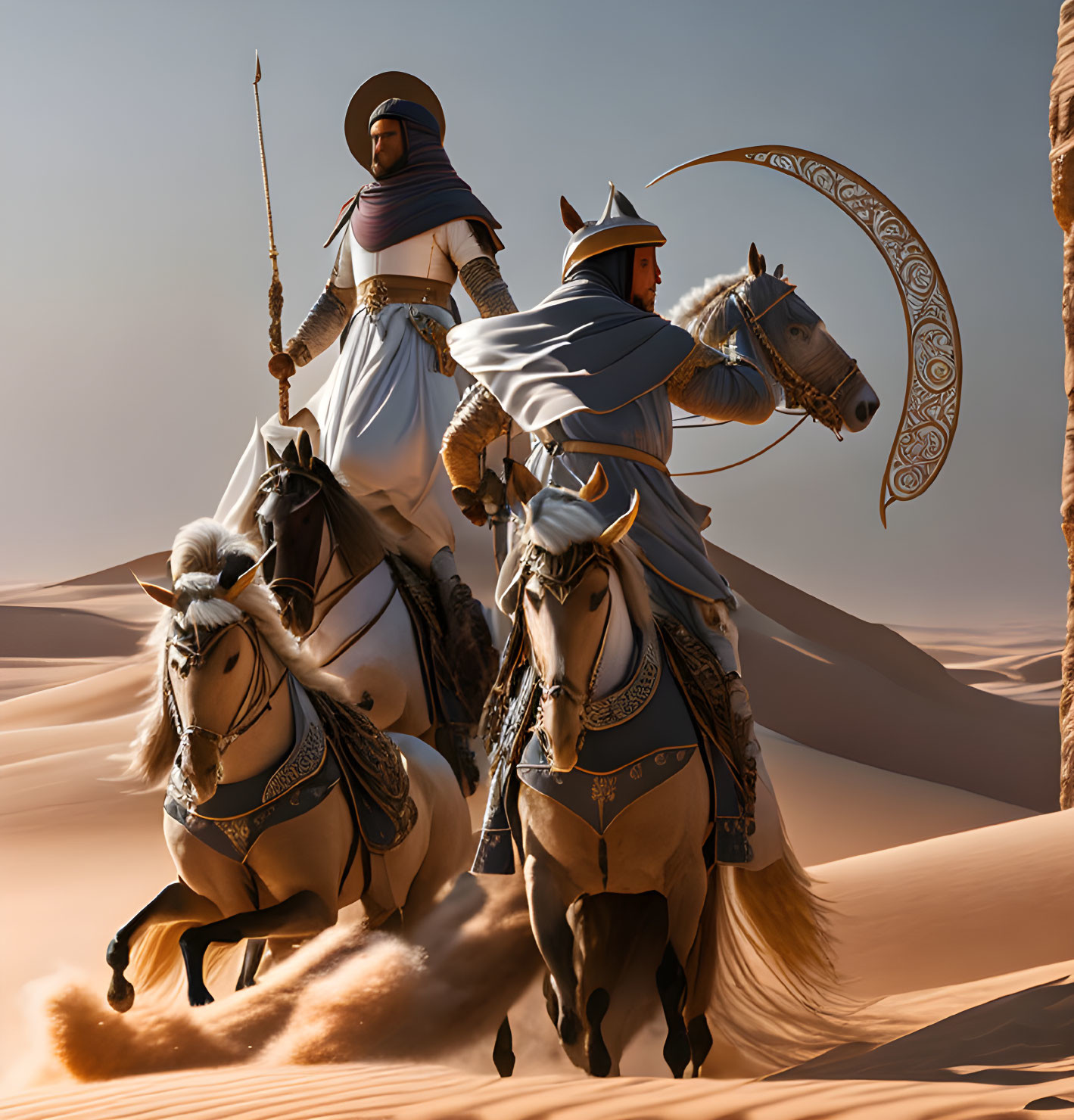 Armored riders on horseback in desert with spear, traditional attire