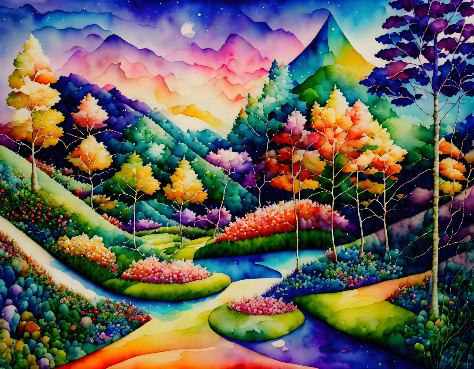 Colorful Whimsical Landscape with Multicolored Trees and Starry Sky