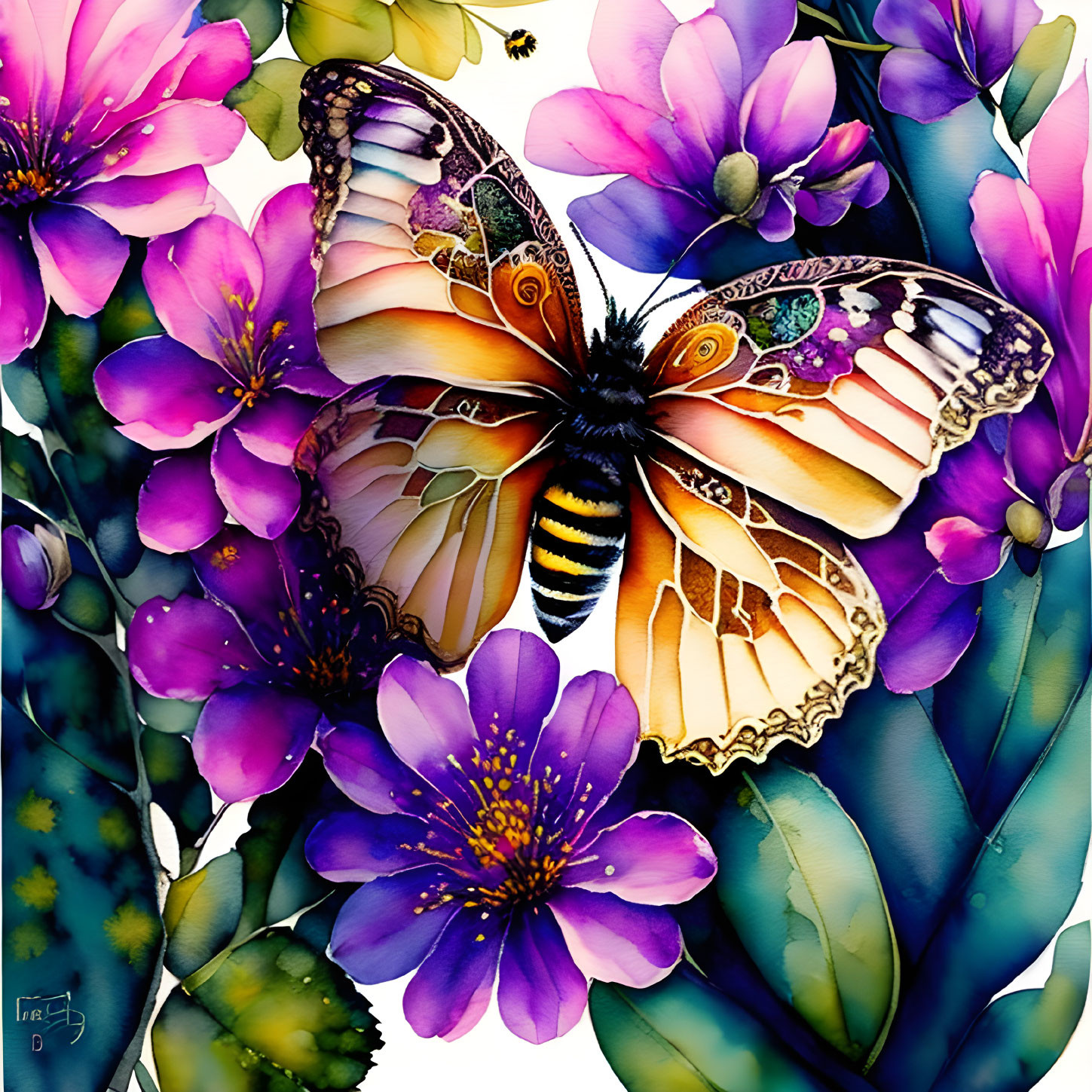 Colorful Butterfly Painting on Purple and Pink Flowers with Green Foliage