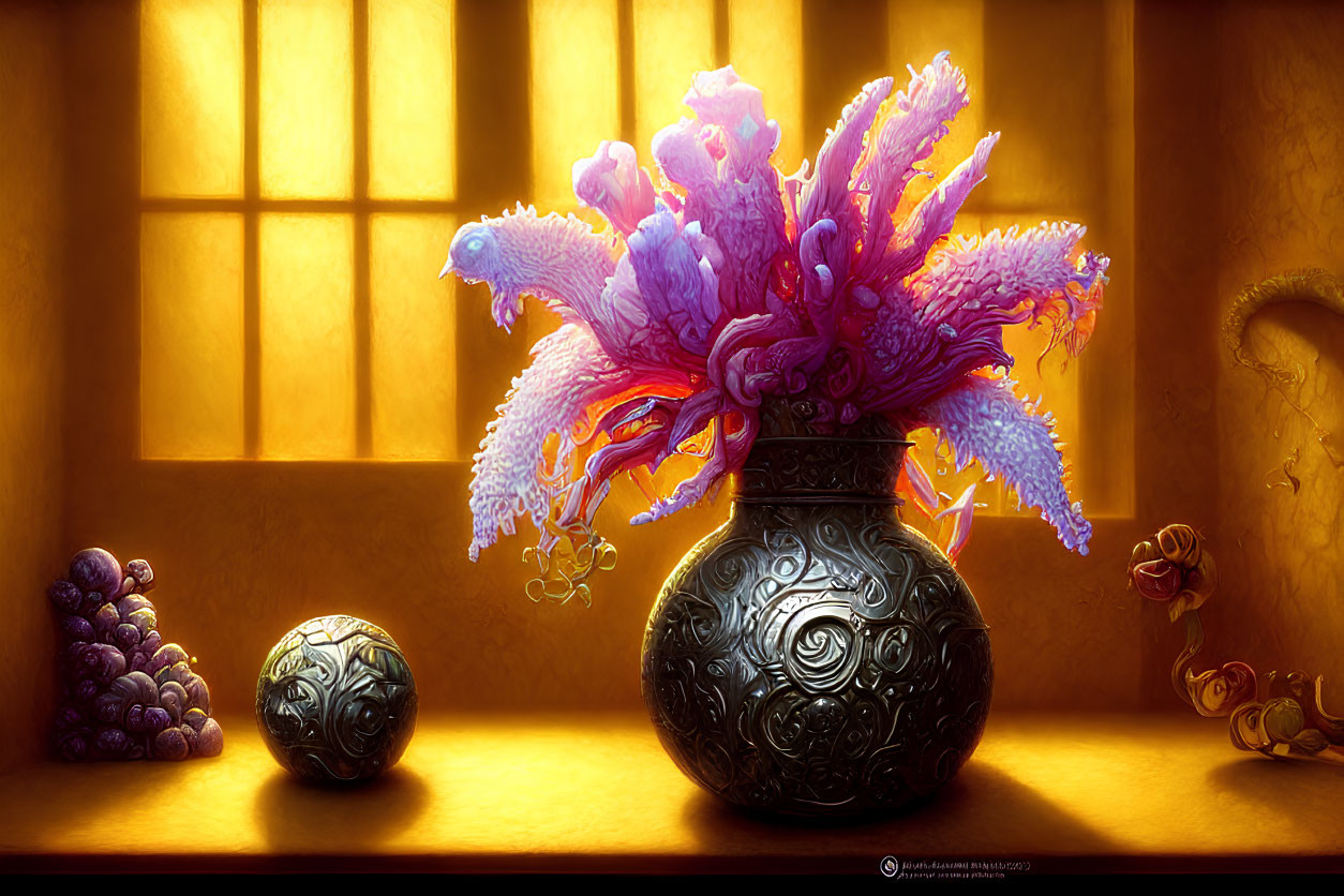 Colorful digital artwork: Vase with intricate patterns, purple coral-like organisms, and ornate spheres