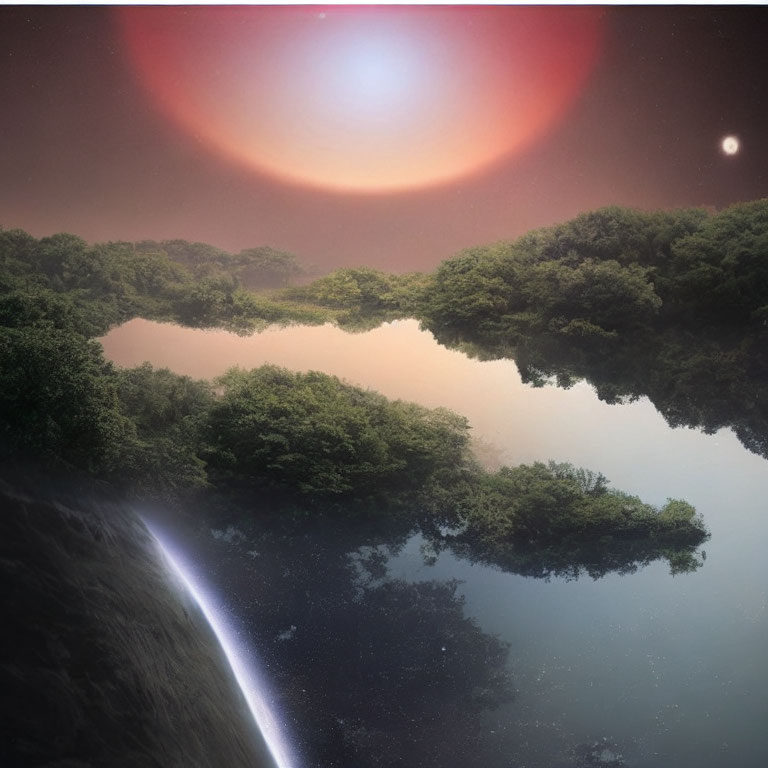 Surreal forest scene with waterfall, red sun, moon, and serene river