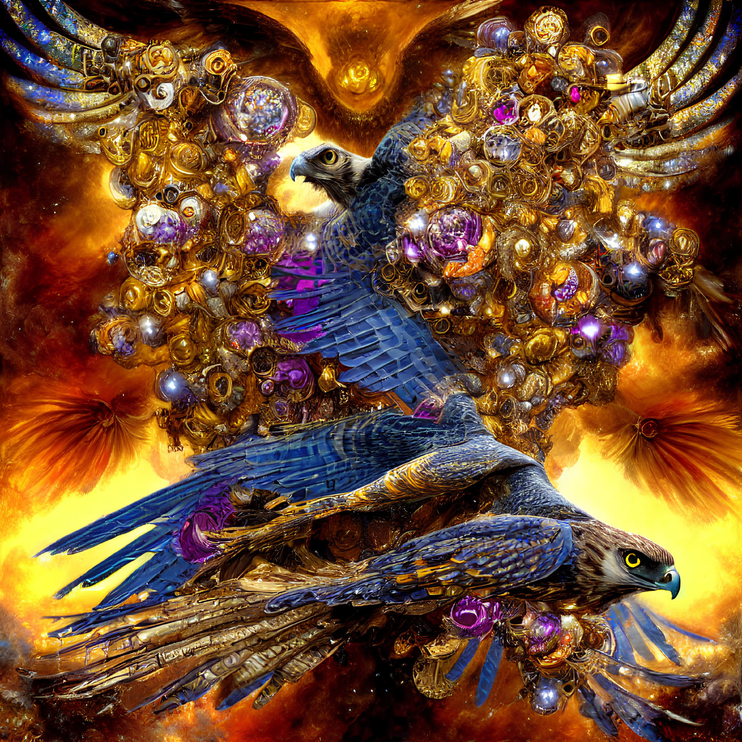 Vibrant digital artwork: Eagles in flight on fiery golden backdrop