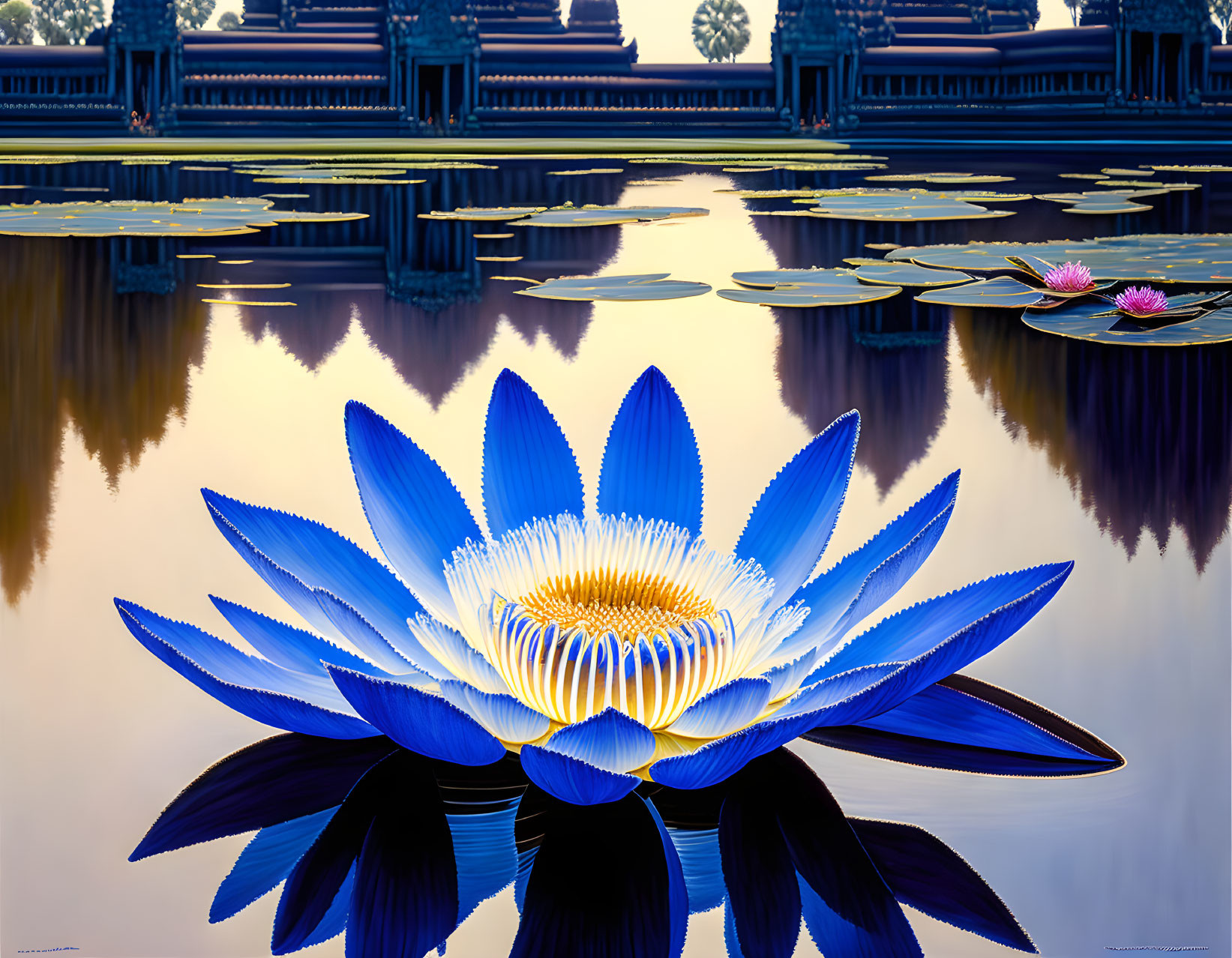 Vibrant digital artwork: Blue lotus flower, serene temple, reflective water