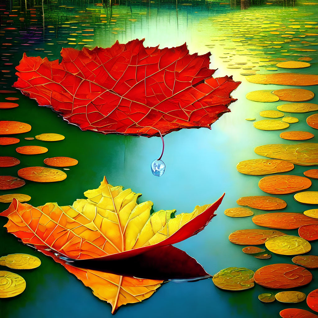 Colorful digital artwork: Red and yellow leaf on vibrant pond with lily pads