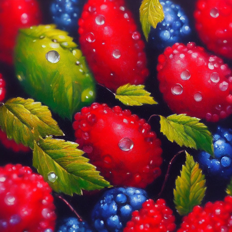 Vibrant red and blue berries with fresh green leaves in water droplets