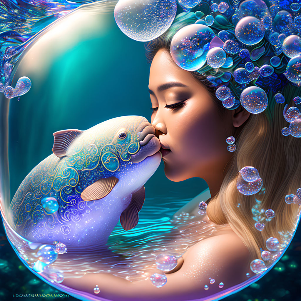 Woman kissing patterned fish in bubble surrounded by light underwater