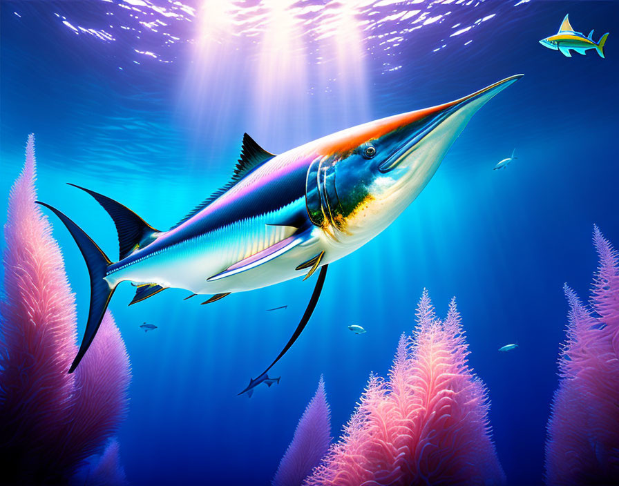 Colorful Underwater Scene: Marlin Fish and Pink Coral in Blue Ocean