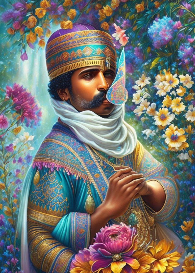 Man in Traditional Middle Eastern Attire Surrounded by Vibrant Flowers