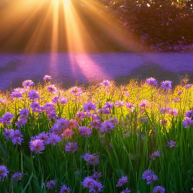 Sunlight illuminates purple flowers and green grass in tranquil setting