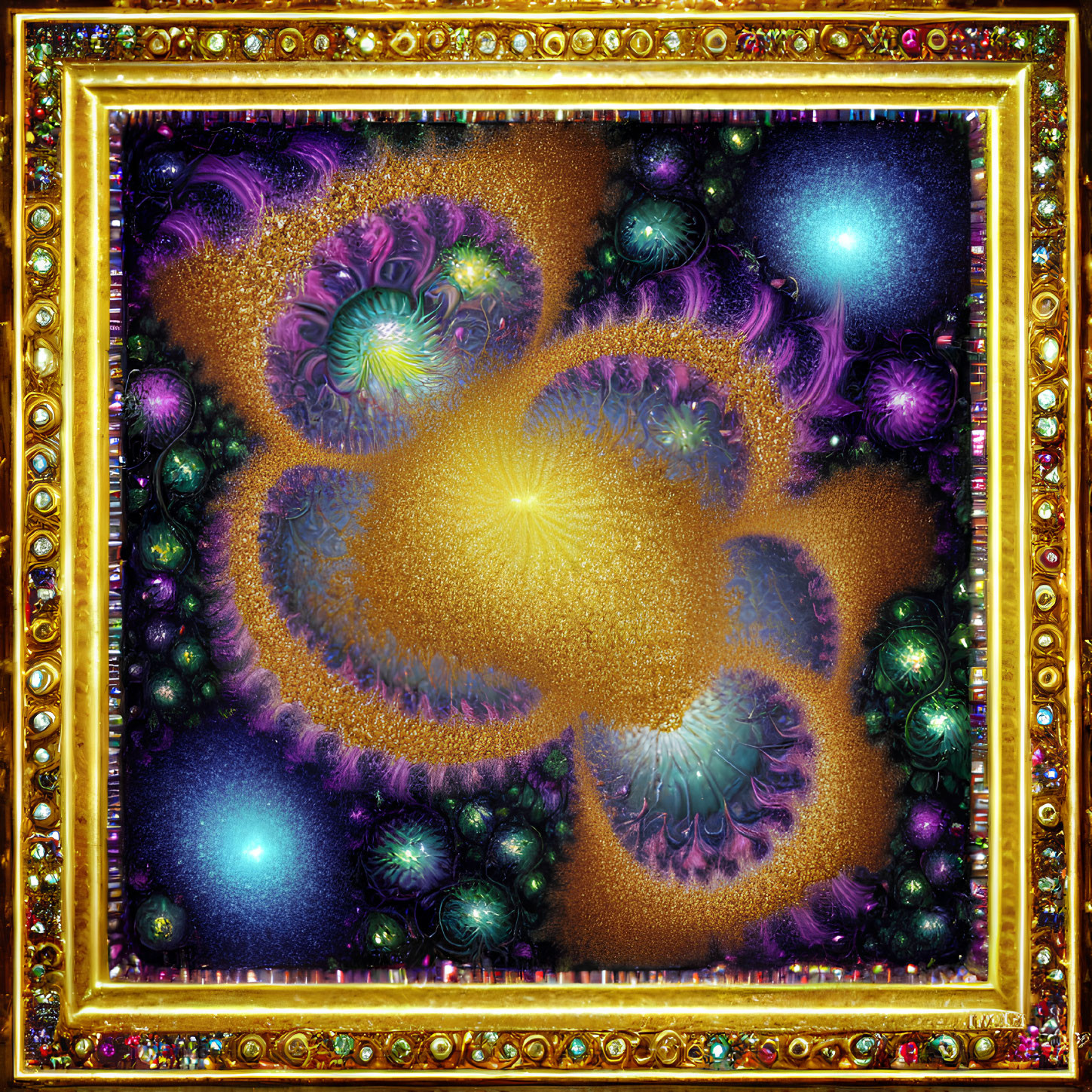 Colorful fractal image with intricate patterns and glowing orbs in golden frame