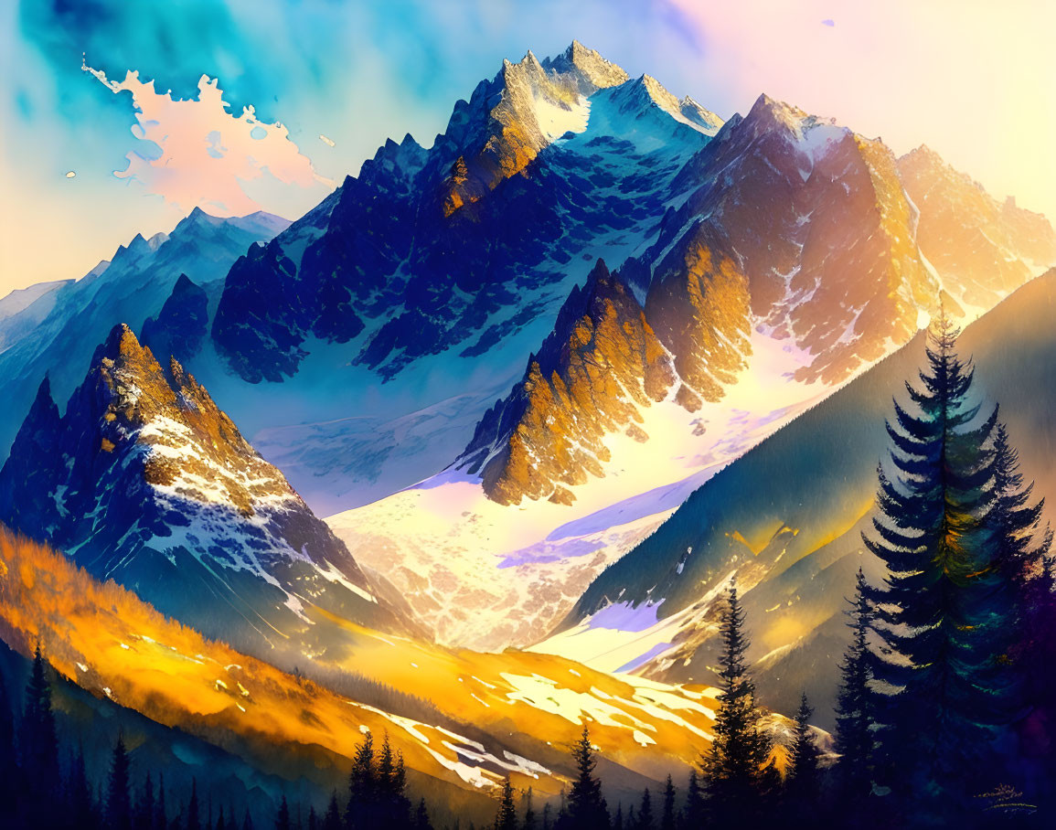 Snow-capped mountains in golden sunlight with dark evergreen trees under blue sky