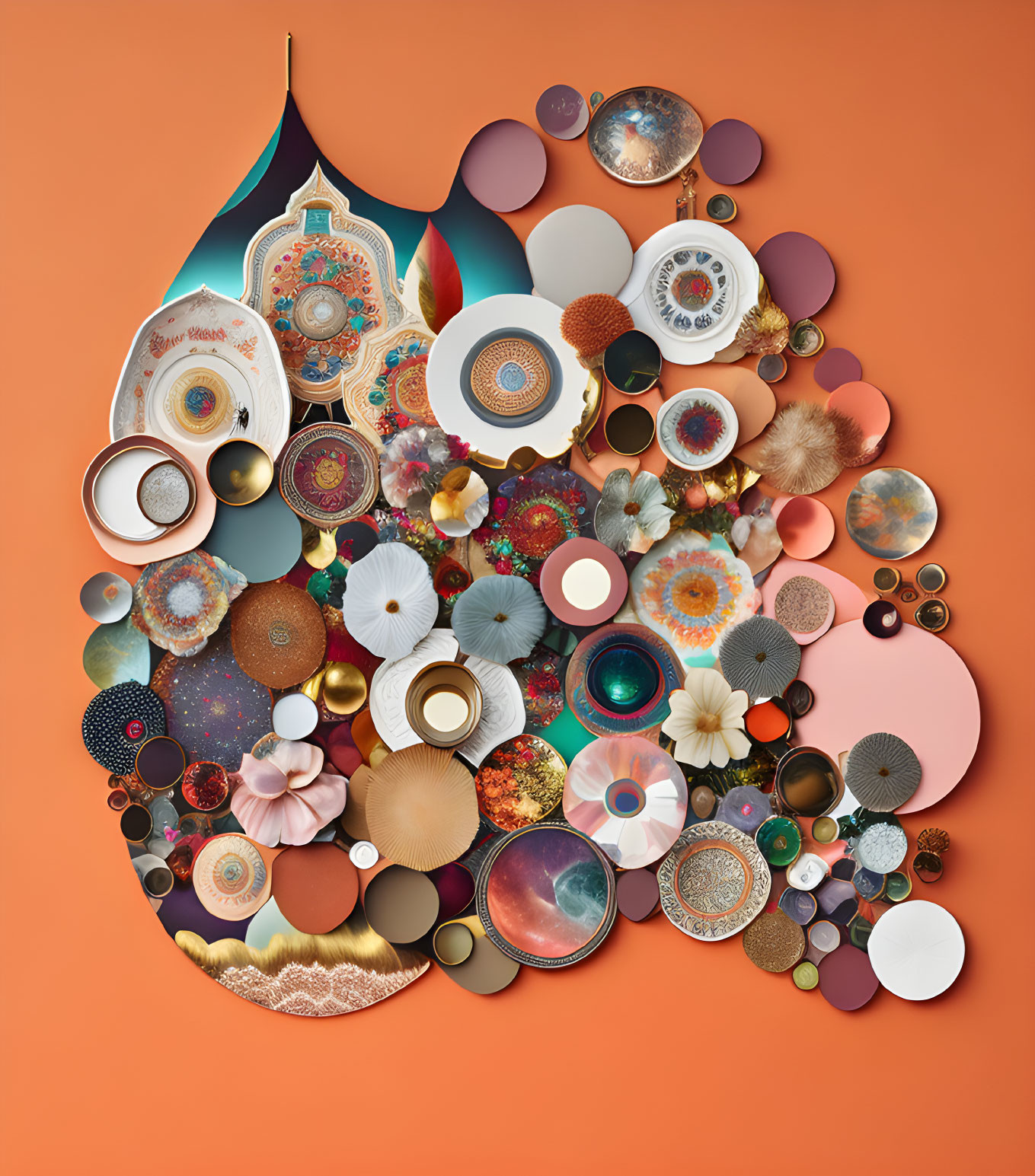 Vibrant Circular Objects and Plates on Orange Background