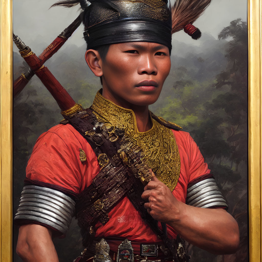 Historical warrior portrait with red and gold attire, silver arm guards, and feathered headband