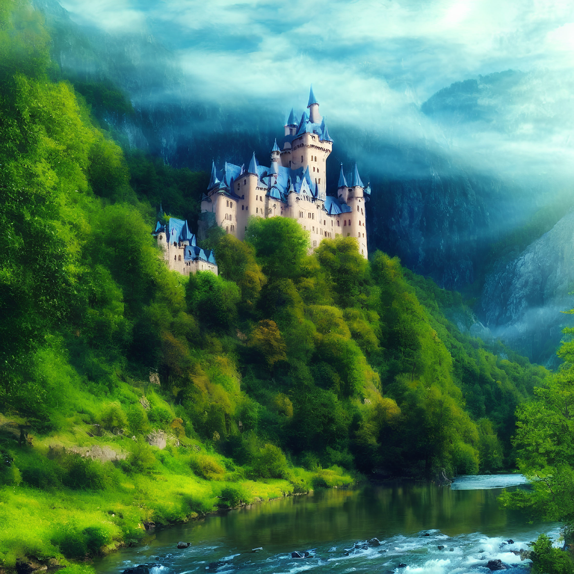 Majestic fairytale castle on green hill with river and mountains