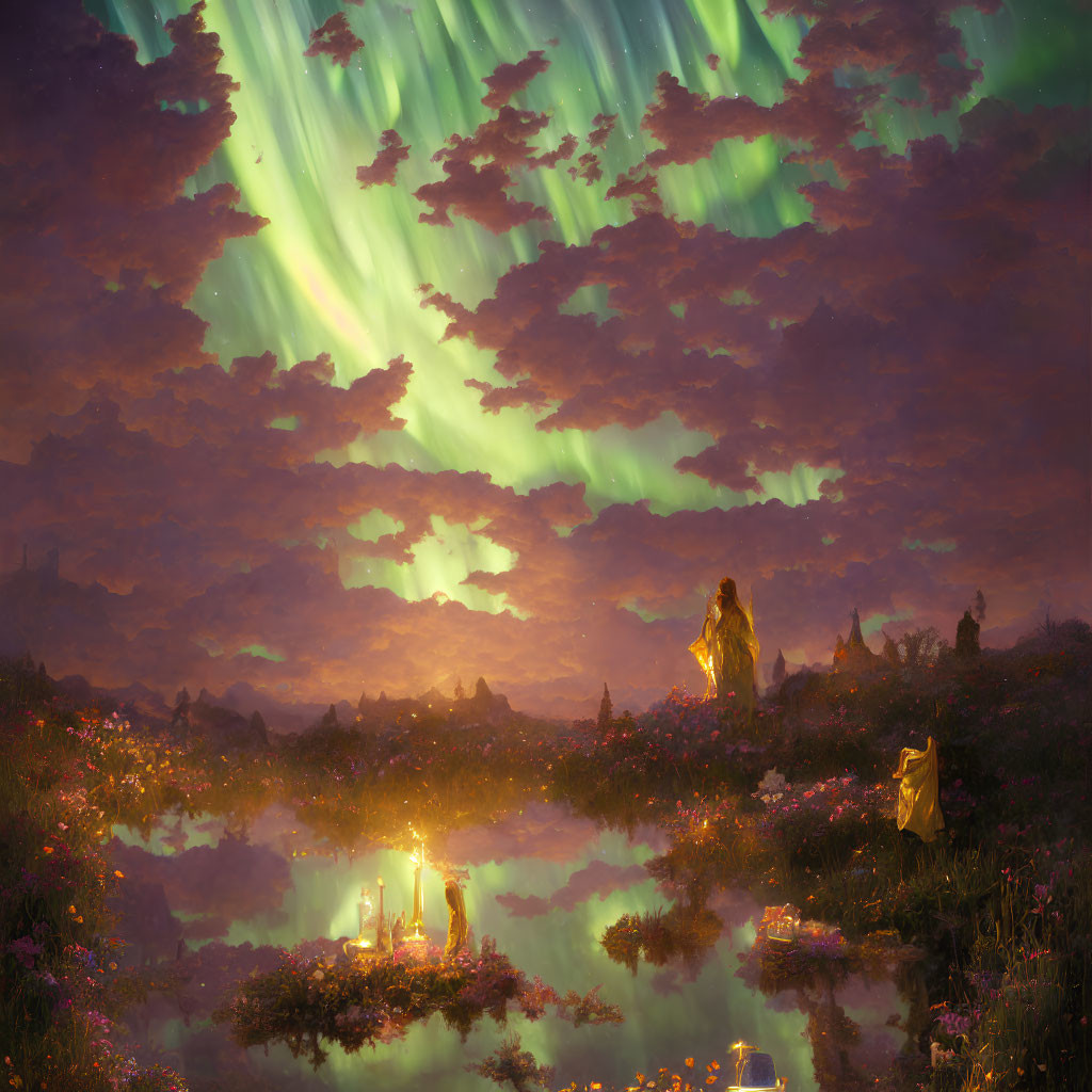 Vibrant auroras over fantastical dusk landscape with illuminated figures and floating candles.