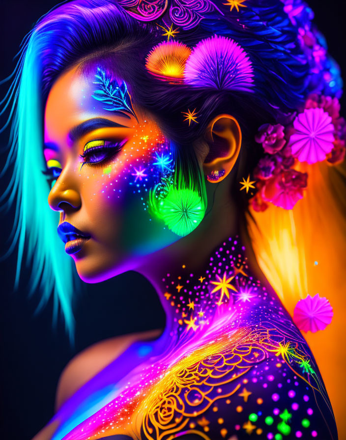 Neon body paint portrait of a woman with floral and celestial designs