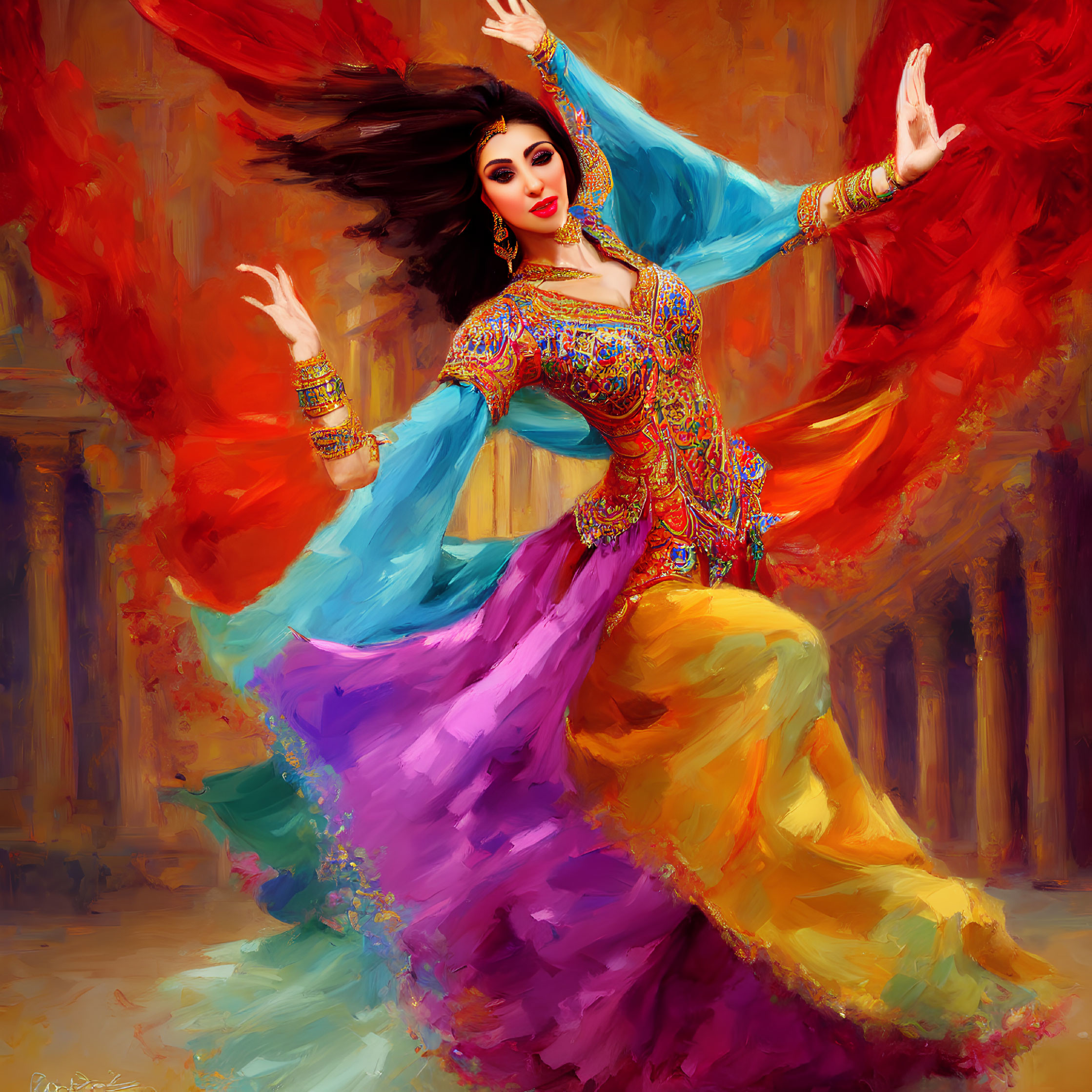 Colorful Woman Traditional Dance Artwork on Warm Abstract Background