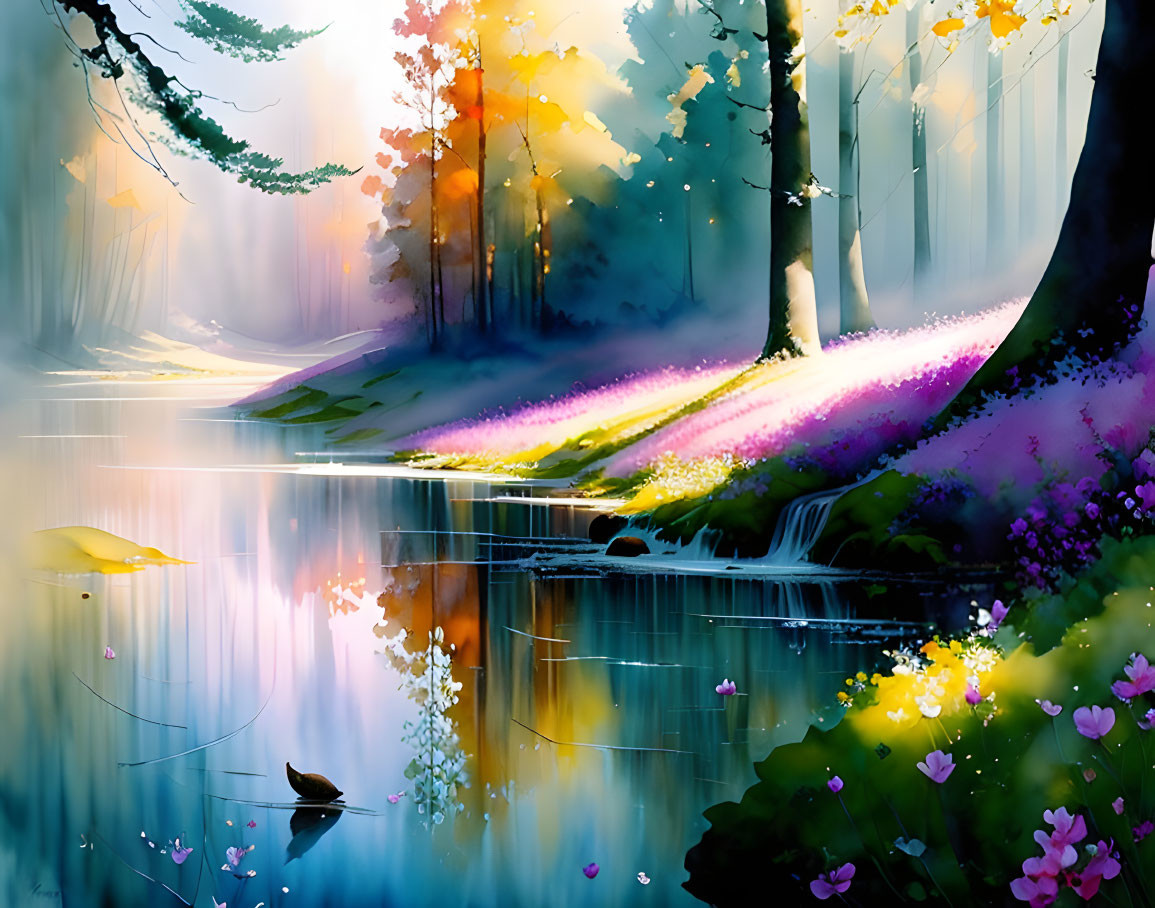 Colorful Trees and Tranquil River in Serene Forest Scene