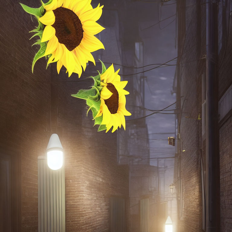 Tall Sunflowers Illuminate Night Alleyway