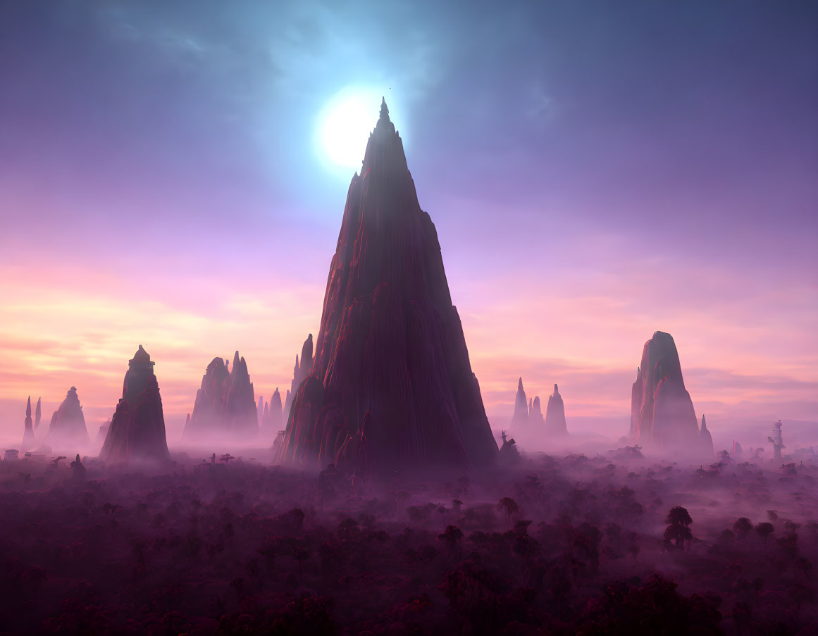 Mystic landscape with towering spires and rocky formations in surreal purple ambiance