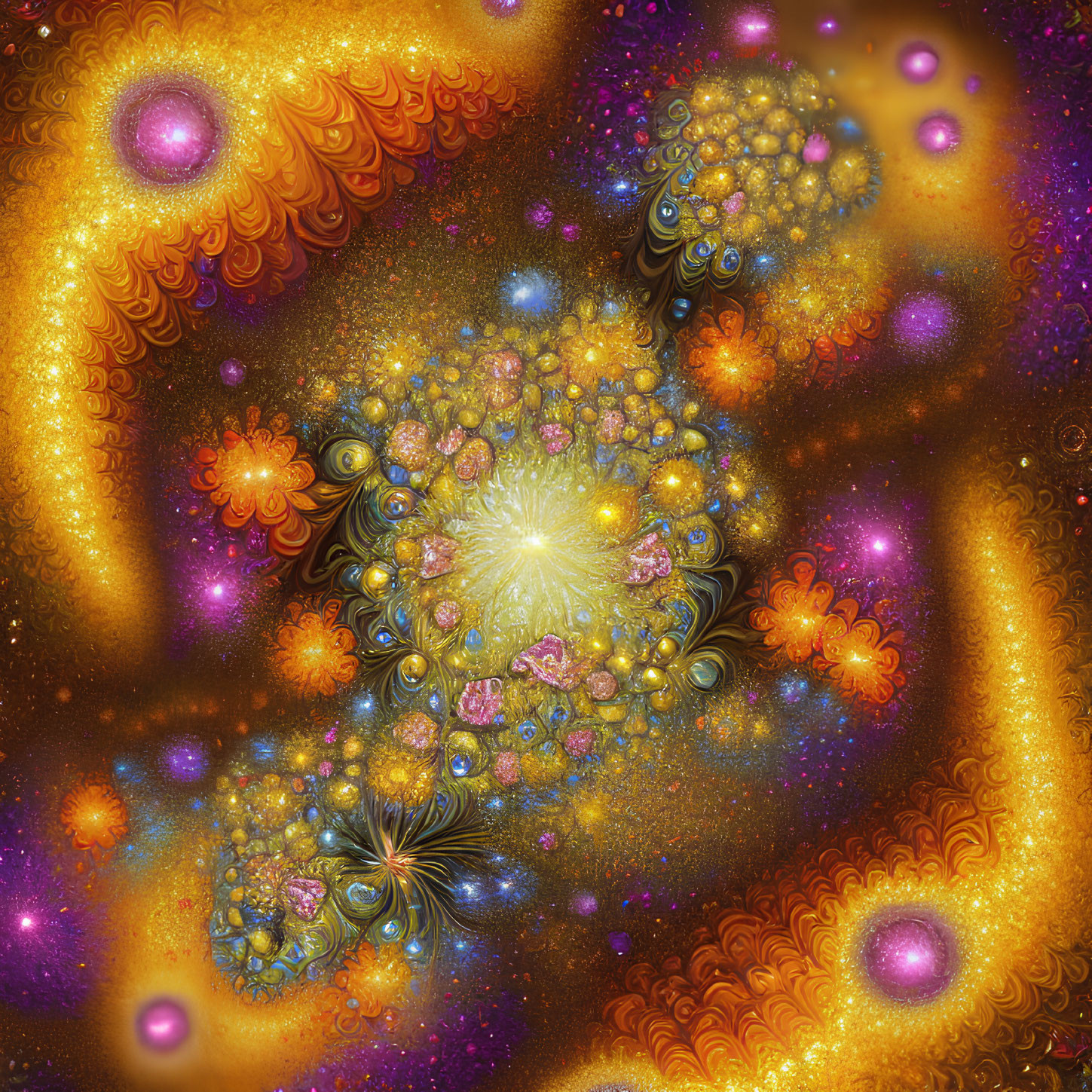 Colorful Fractal Image with Gold, Orange, and Blue Swirling Patterns