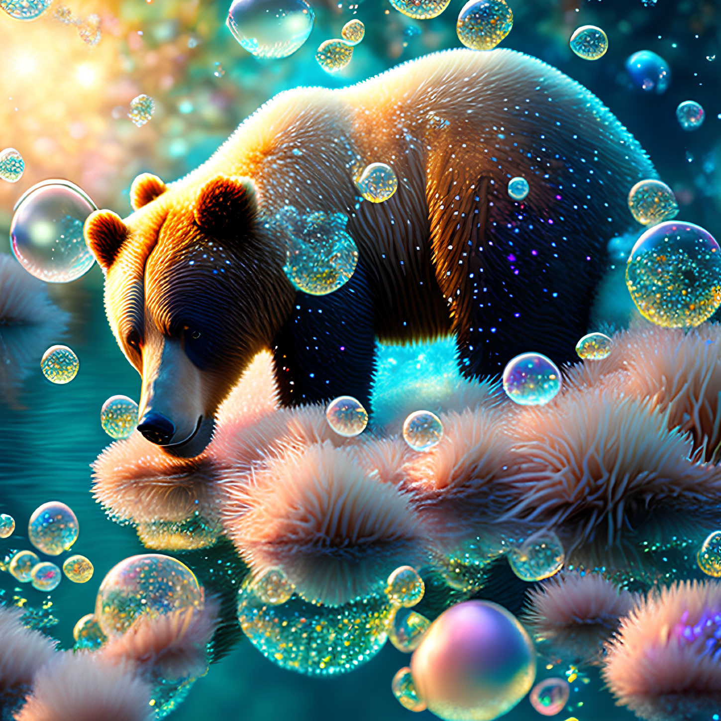 Bear Surrounded by Bubbles and Vegetation in Starry Scene