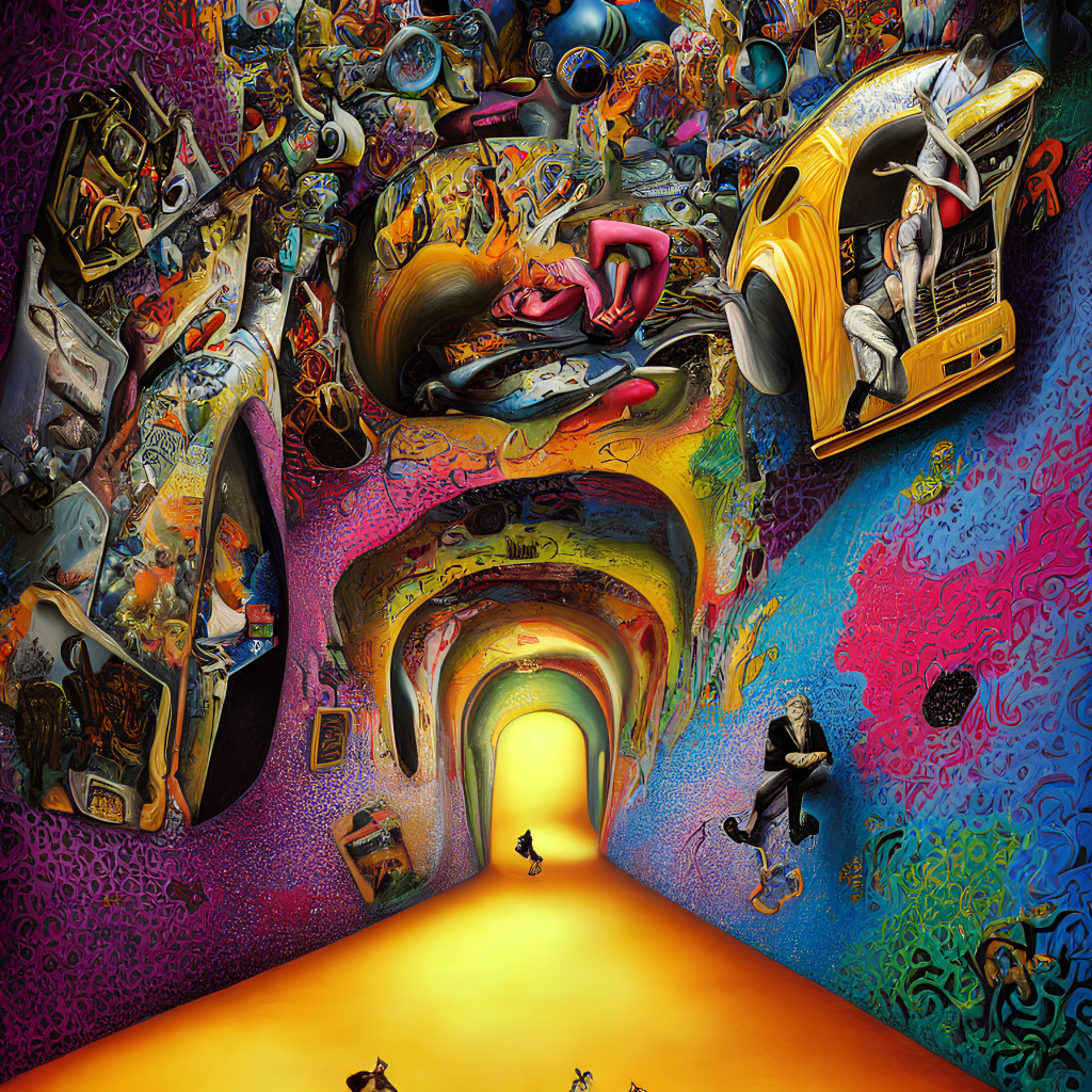 Colorful Psychedelic Tunnel with VW Van, Orbs, Music, and Creatures