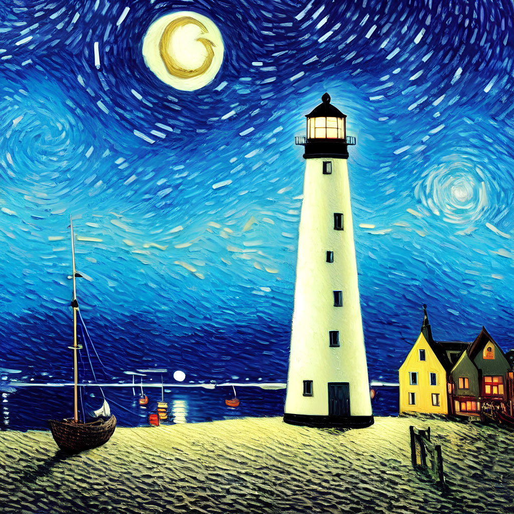 Seaside Night Scene Illustration with Lighthouse, Starry Sky, Boat, and Houses