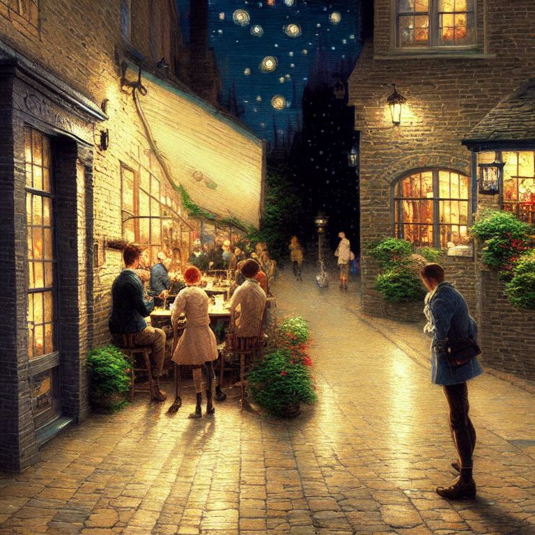 Outdoor dining under warm lighting on cobblestone street with starry sky