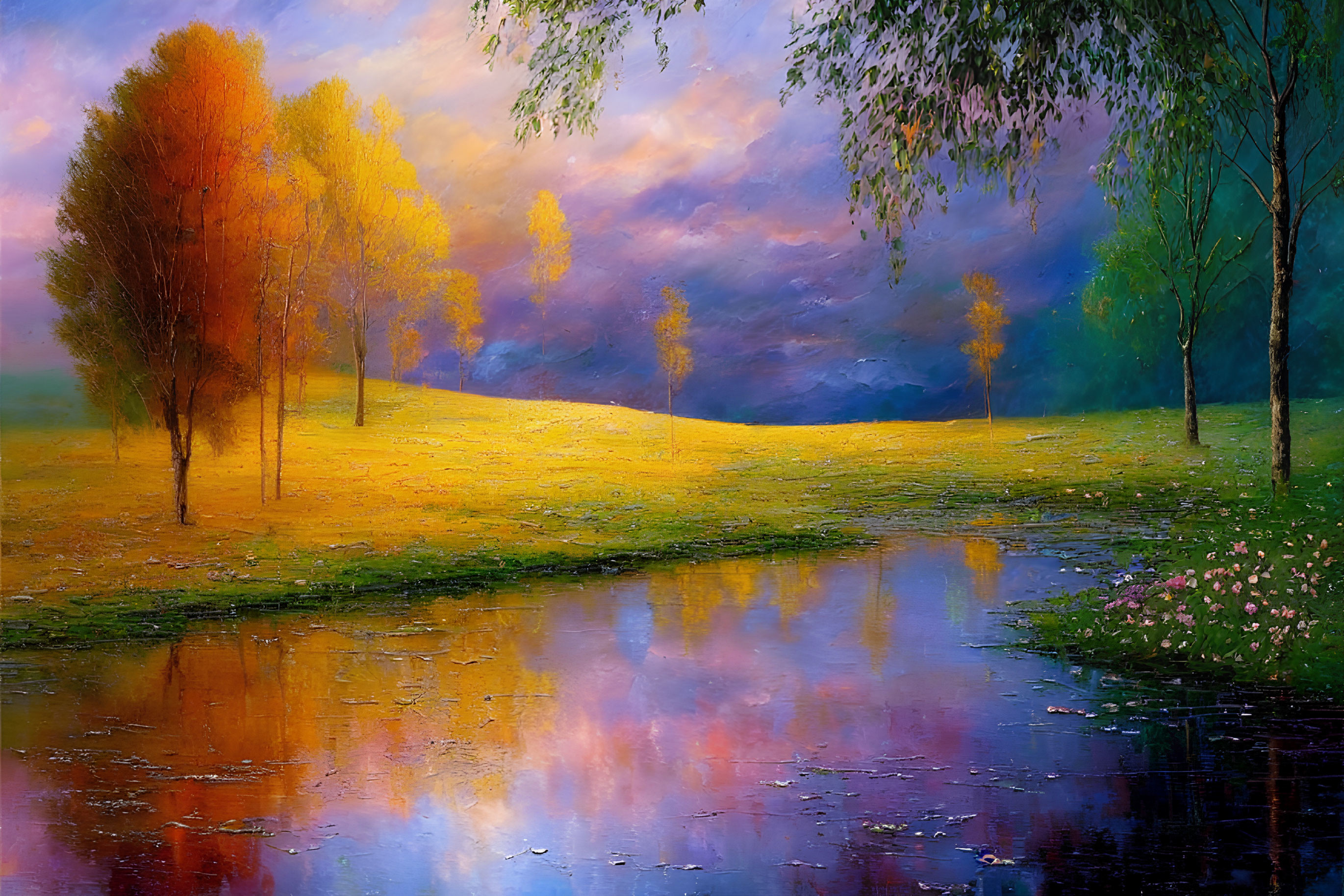 Colorful Autumn Trees Landscape Painting by River at Sunset