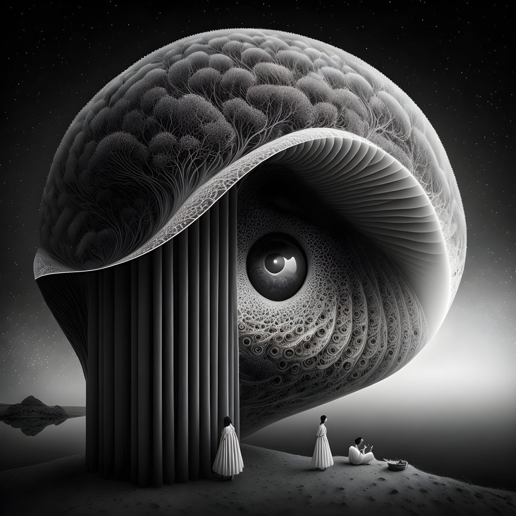 Surreal artwork: Figures in robes gaze at colossal brain-like structure