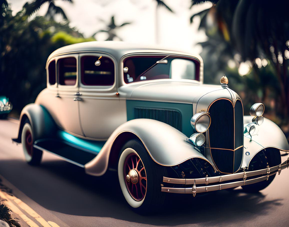 Vintage Car with Chrome Grille and Wire-Spoke Wheels on Palm-Lined Street