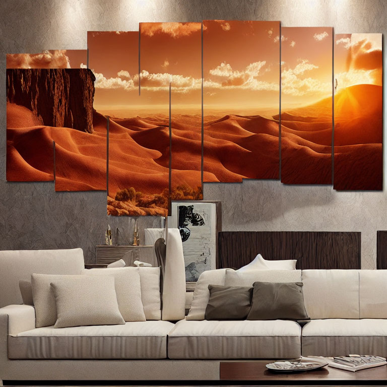 Multi-panel Desert Sunset Wall Art Above Sofa in Living Room