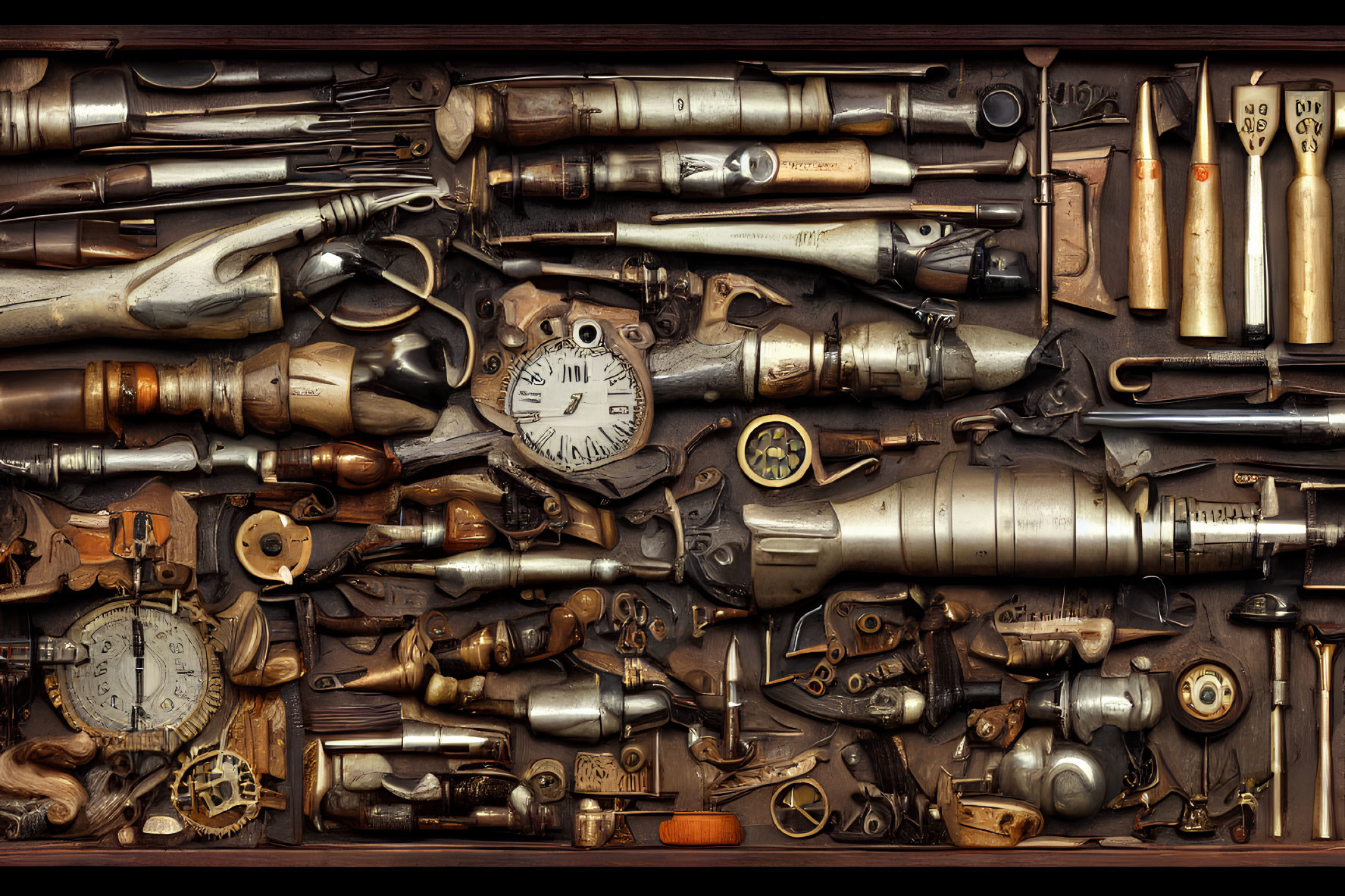 Vintage objects collage: old guns, clocks, metallic tools on dark surface