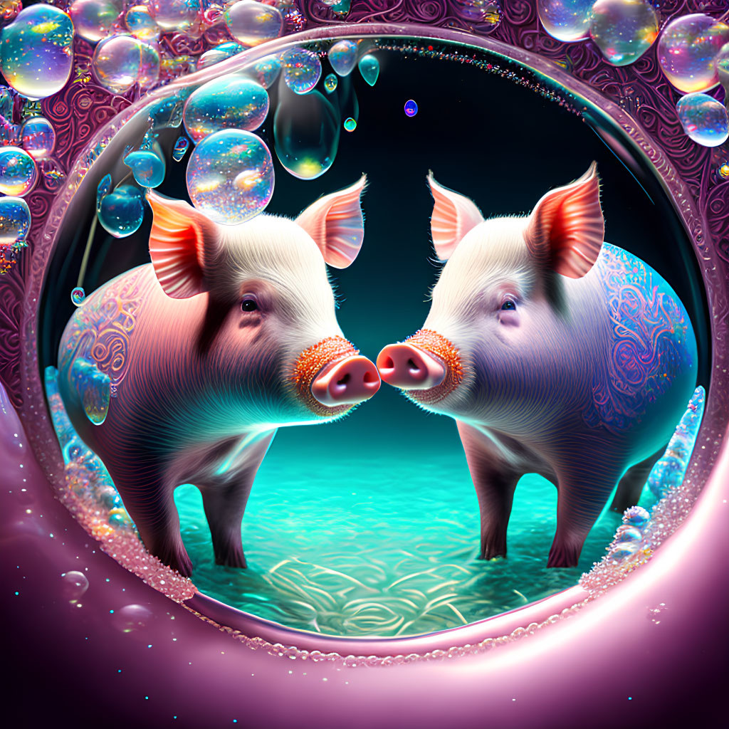 Colorful Psychedelic Cartoon Pigs in Bubble-Filled Frame