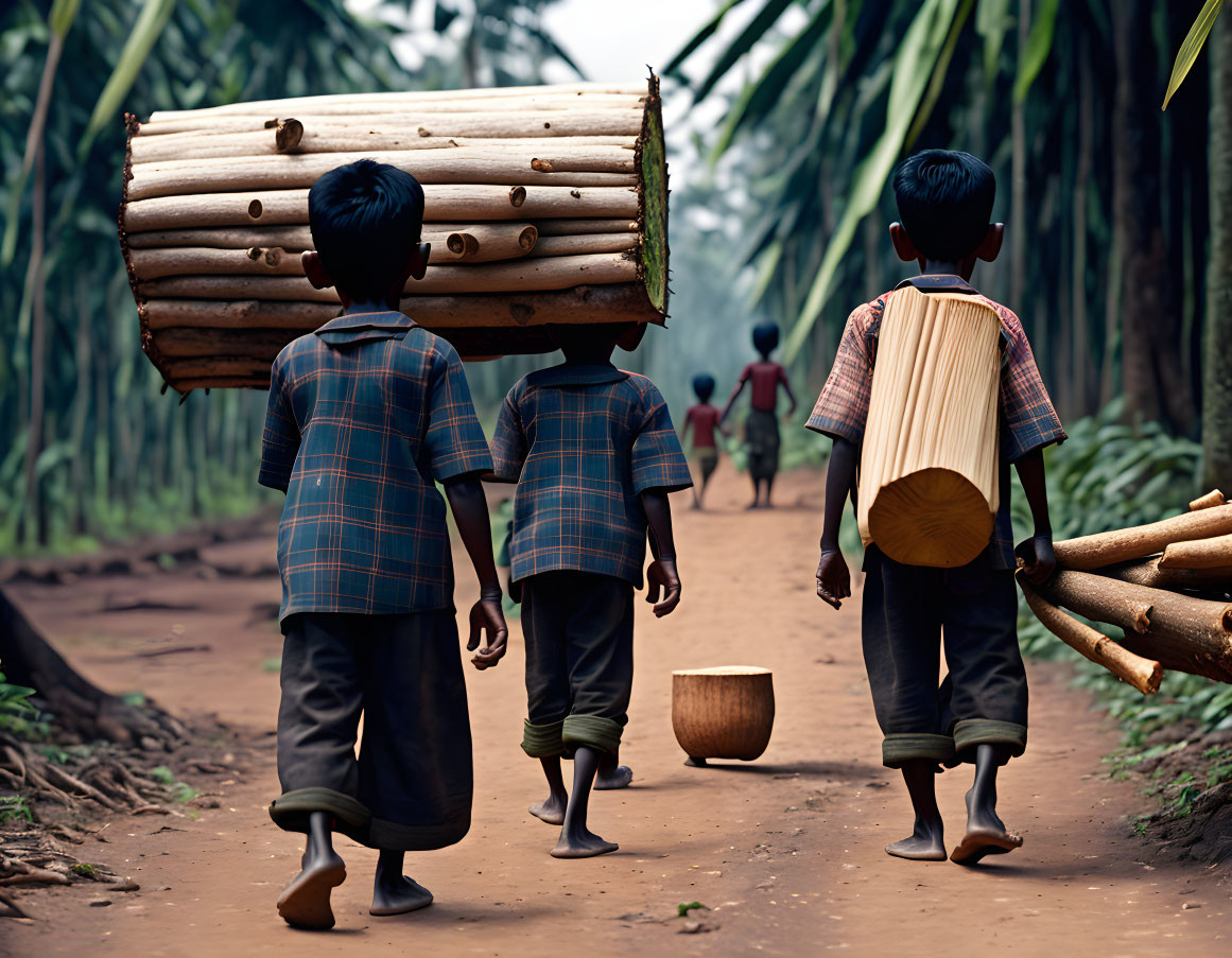 Children in traditional clothing carrying wood in forest pathway