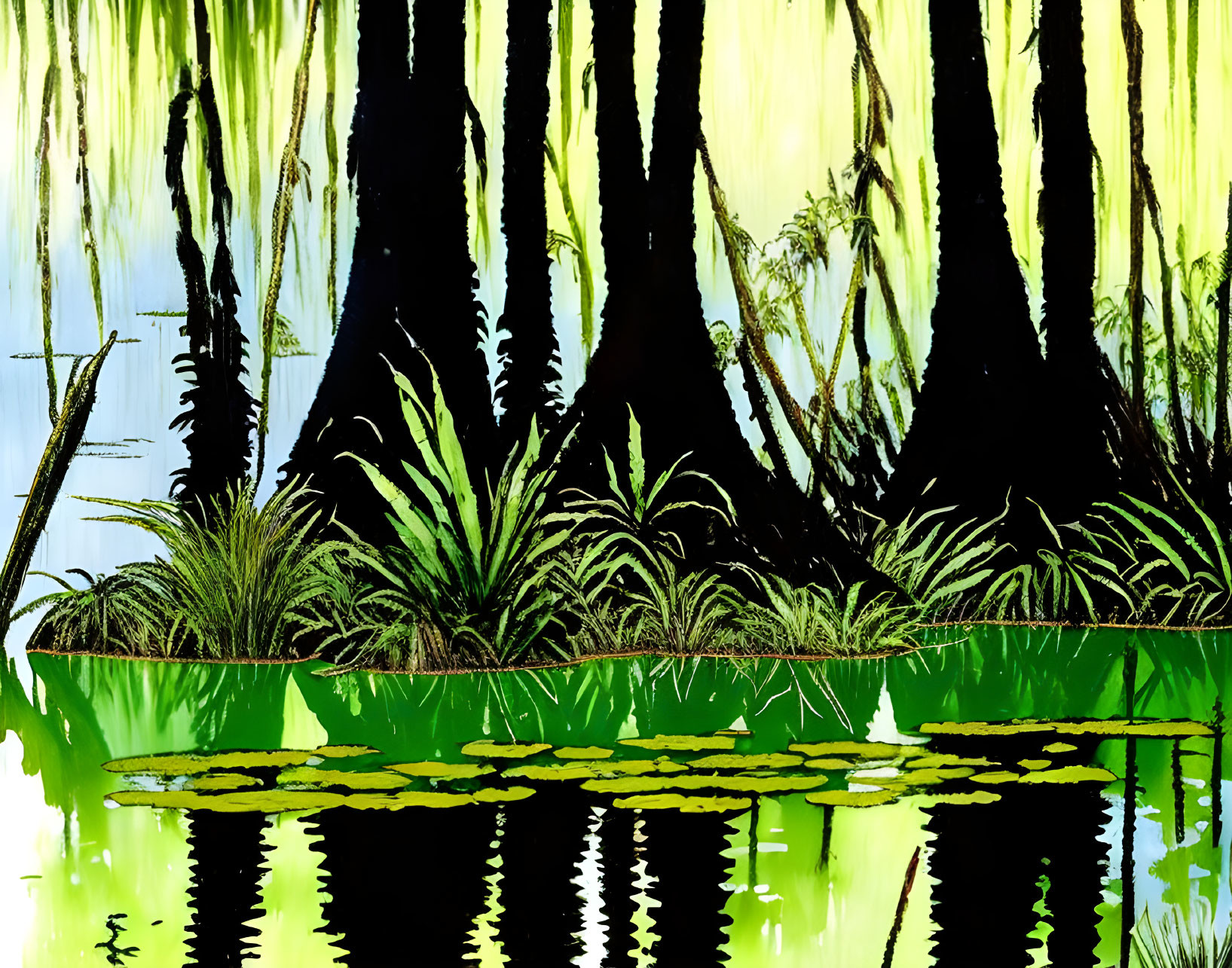 Swamp illustration with mossy tree trunks, grass, and water lilies.