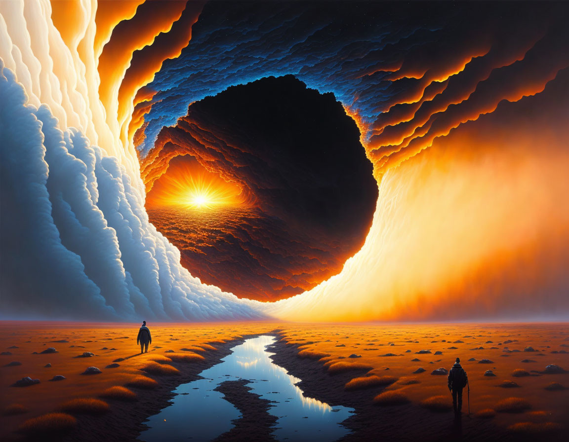 Surreal landscape with sunlit horizon and reflective path