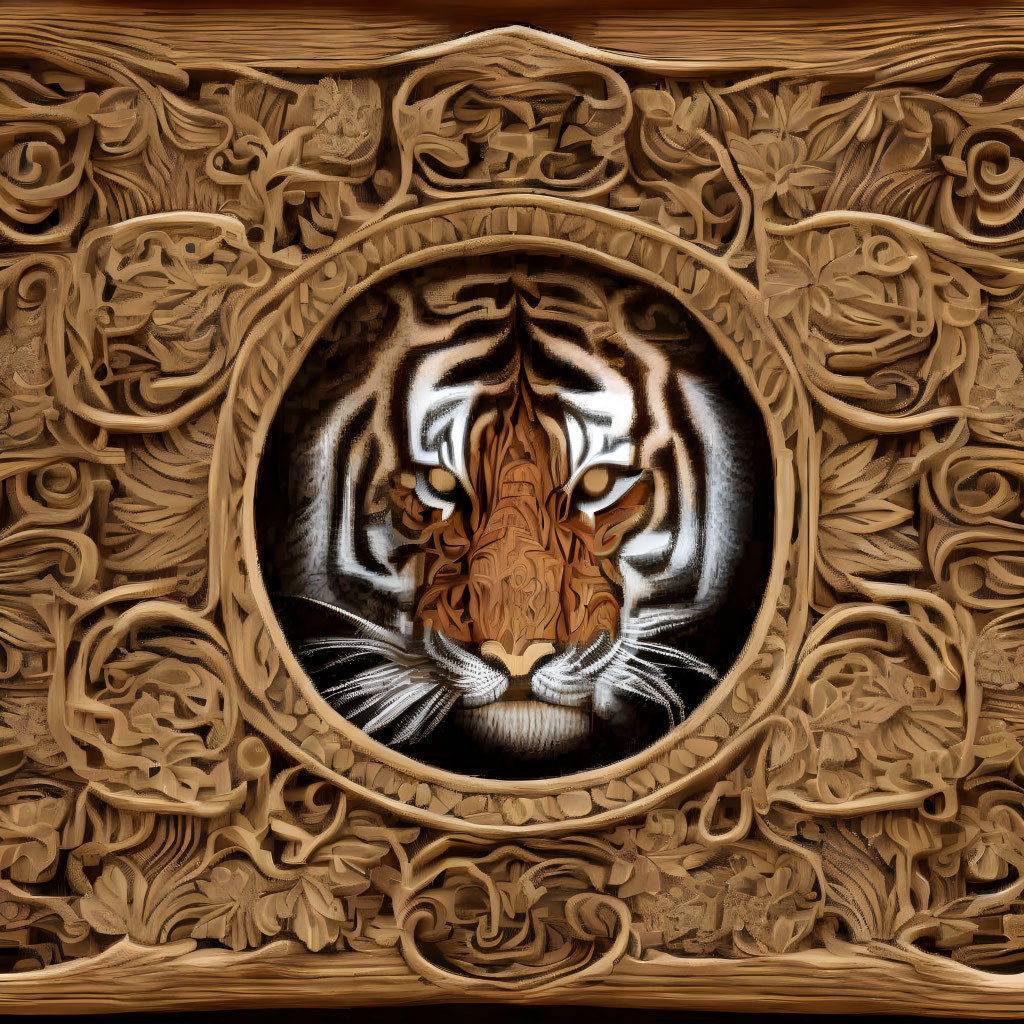 Intricate Wooden Tiger Face Carving with Floral Patterns