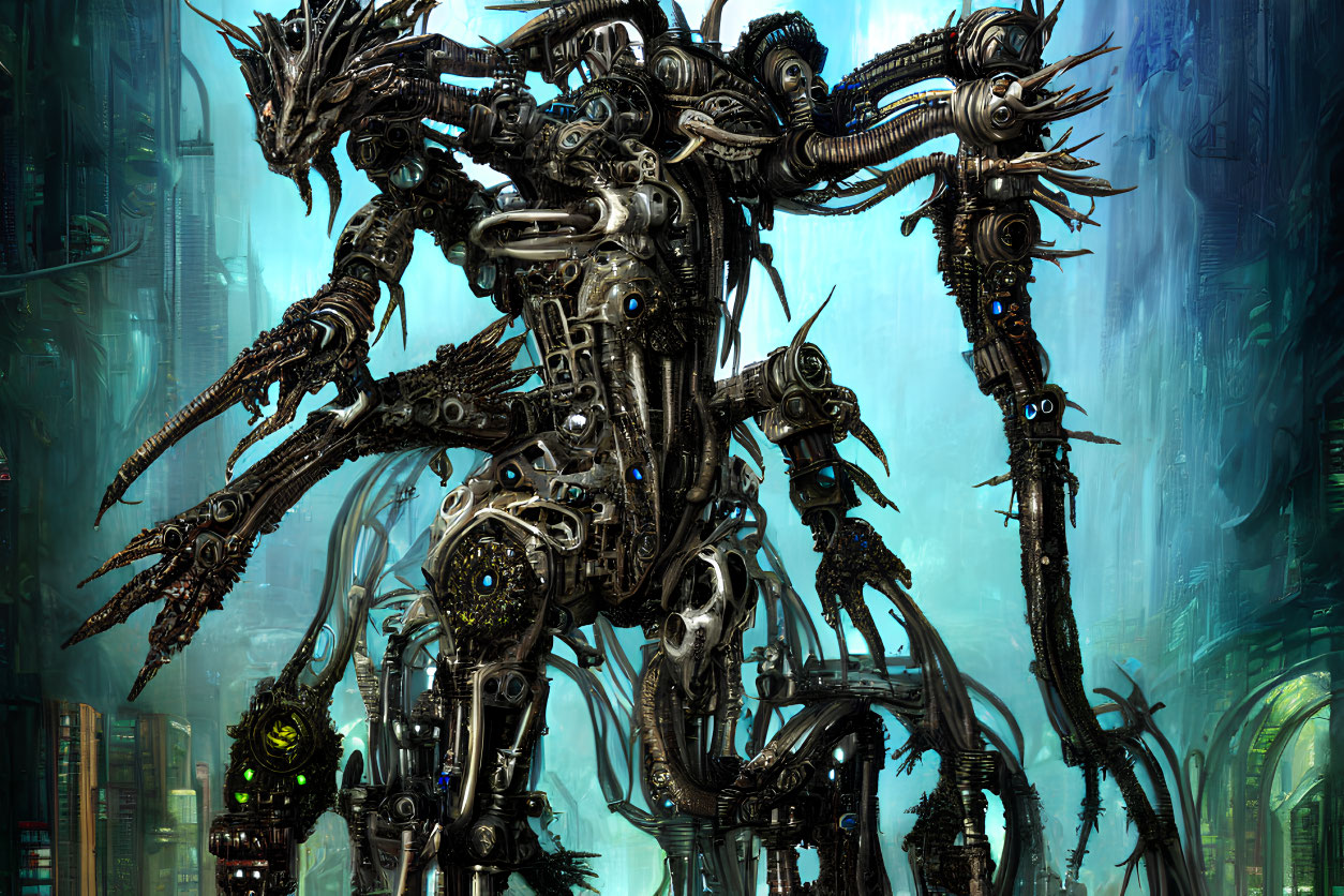 Intricate multi-limbed mechanical creature in futuristic cityscape