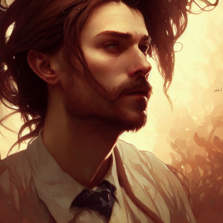 Illustrated portrait of man with flowing hair, beard, and tie against warm background