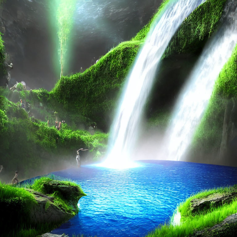 Tranquil waterfall into blue pond with lush greenery