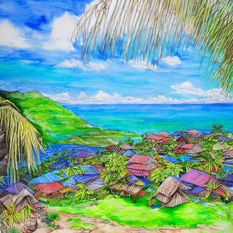 Scenic coastal village painting with thatched-roof houses and lush hills