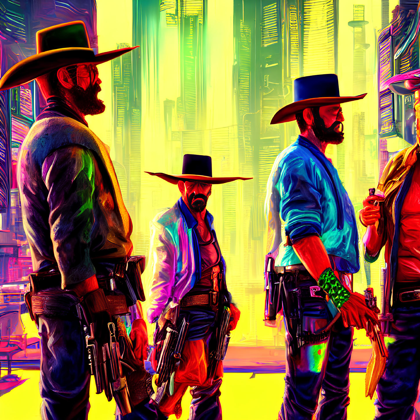 Neon-lit cyberpunk Western cowboys with guns