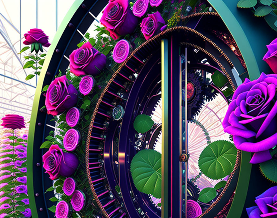 Surreal image: Purple roses and spiraling structure in lush foliage