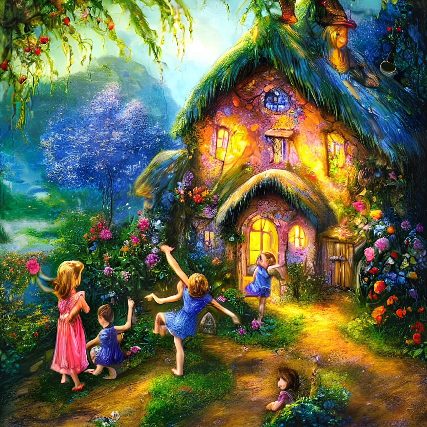 Thatched roof cottage in lush garden with children at sunset