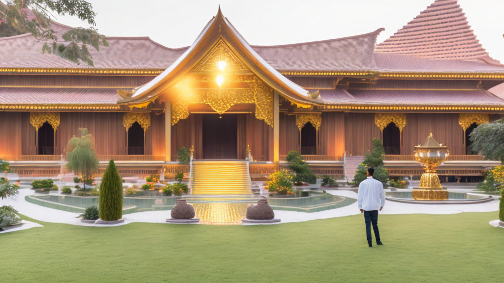 Traditional Asian temple with golden decorations at twilight.