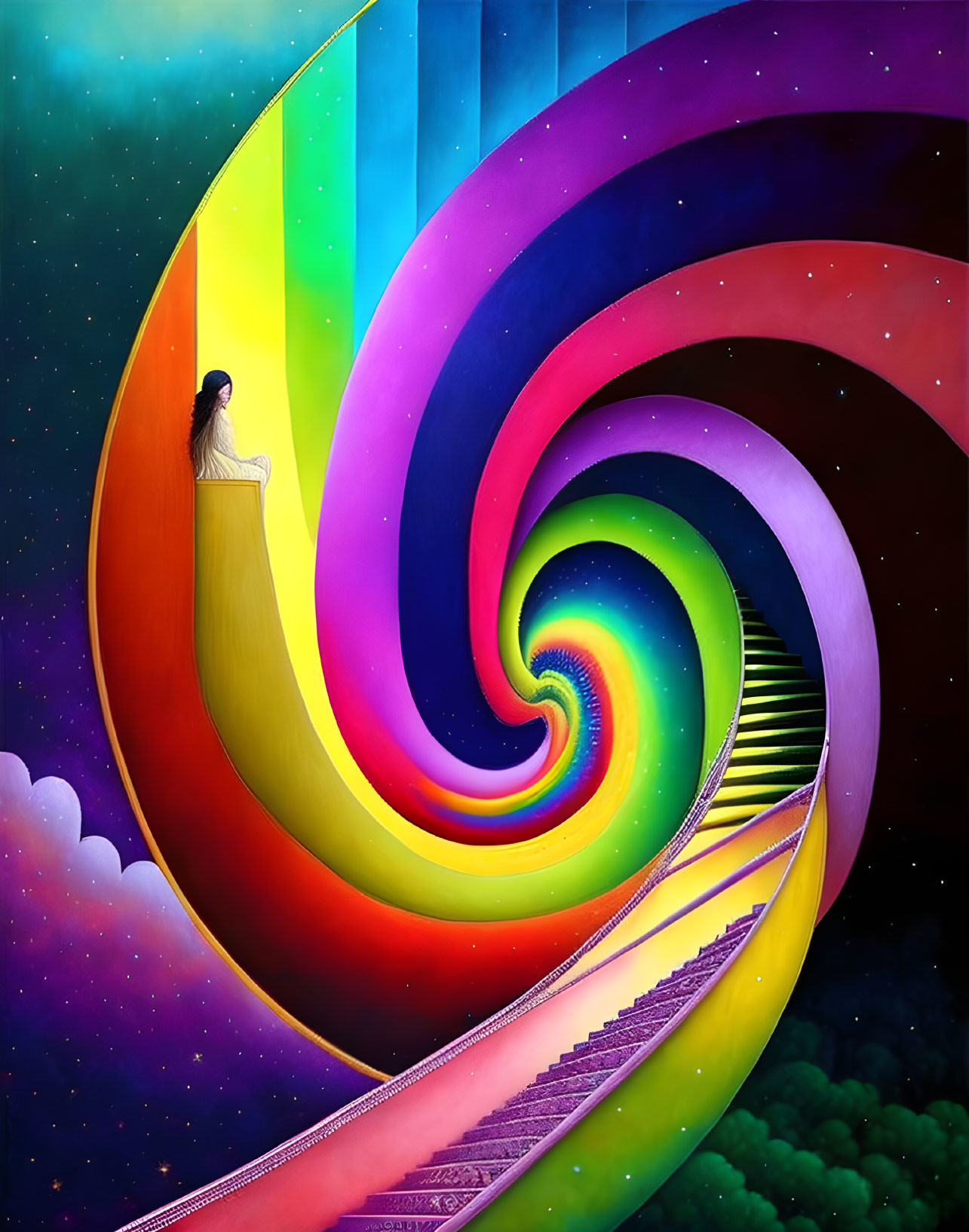 Surreal rainbow staircase spiraling into stars on celestial background