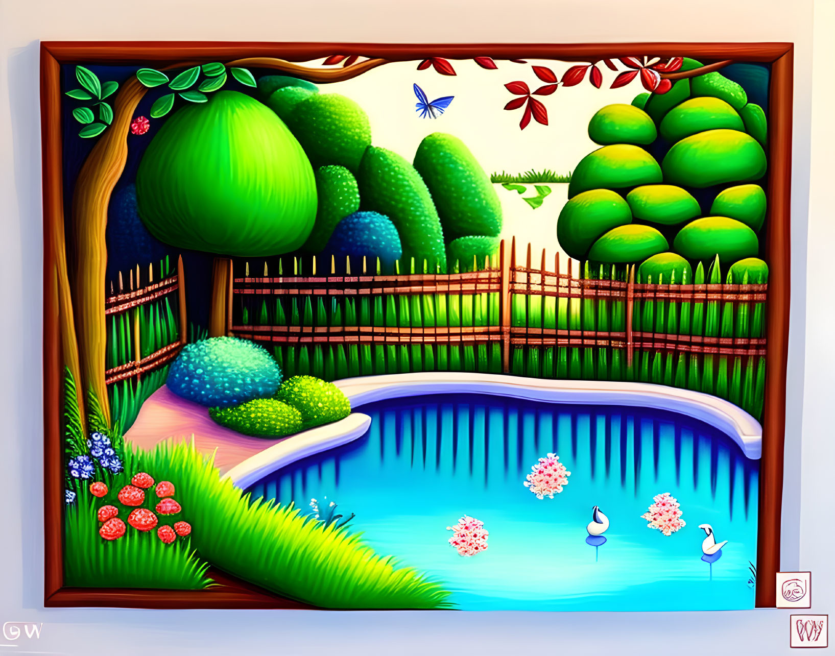 Whimsical garden with pond, flamingos, and lush greenery