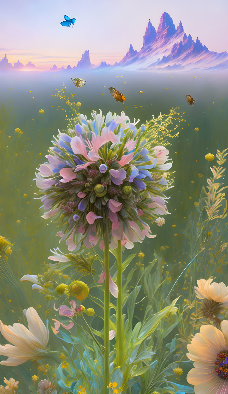 Colorful oversized flower in dreamy meadow with bees and butterfly, mountains and pastel sky.